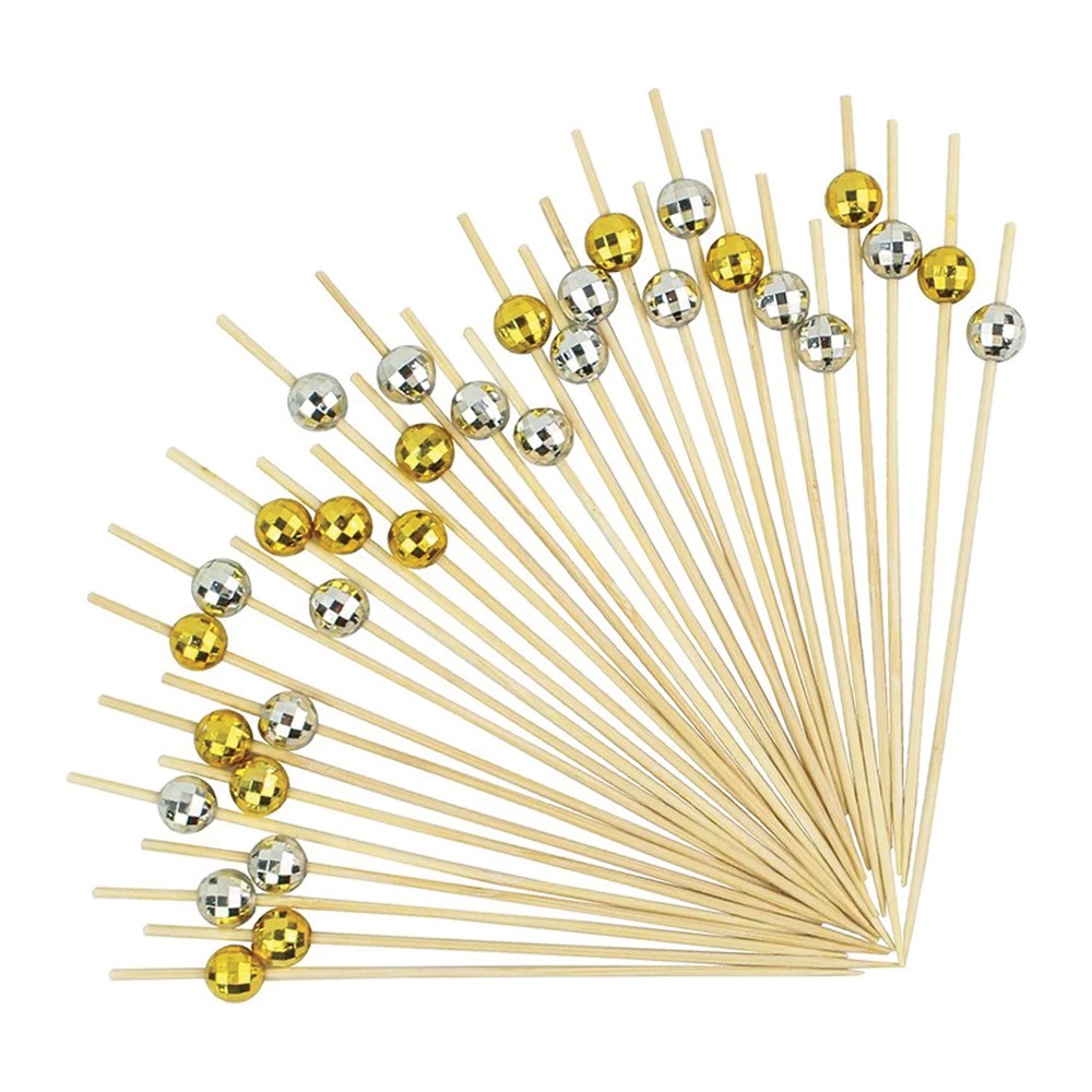 Novatex Bamboo Cocktail Pick with Silver and Gold Balls, 12 cm